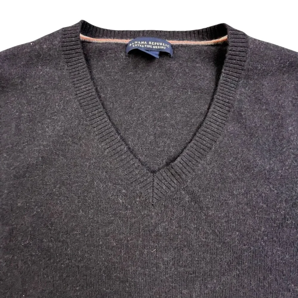 Banana Republic Sweater Mens XL Brown Extra Fine Merino Wool V-Neck Tight Knit